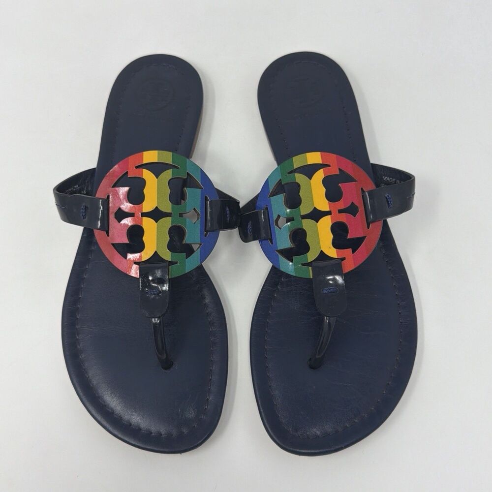 TORY BURCH Miller Navy Blue Rainbow Stripe Logo Patent Leather Sandals Size 6.5